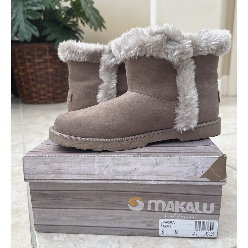 Makalu YADRA Taupe‎ Brown Faux Suede Fur Lined Ankle Boots Women's Sz 8 Comfort